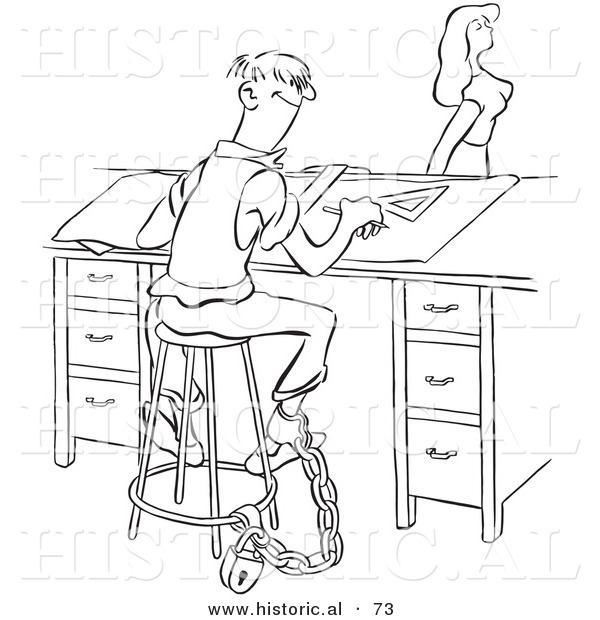 Historical Vector Illustration of a Chained Cartoon Man at Work While Watching a Sexy Girl Walk by His Desk - Black and White Version