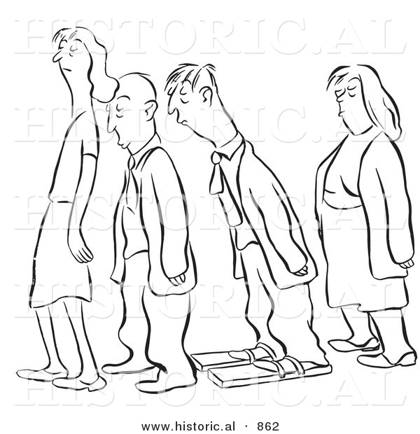 Historical Vector Illustration of a Clever Cartoon Man Wearing Boards on His Feet to Sleep While Standing and Waiting in a Long Line - Black and White Outlined Version