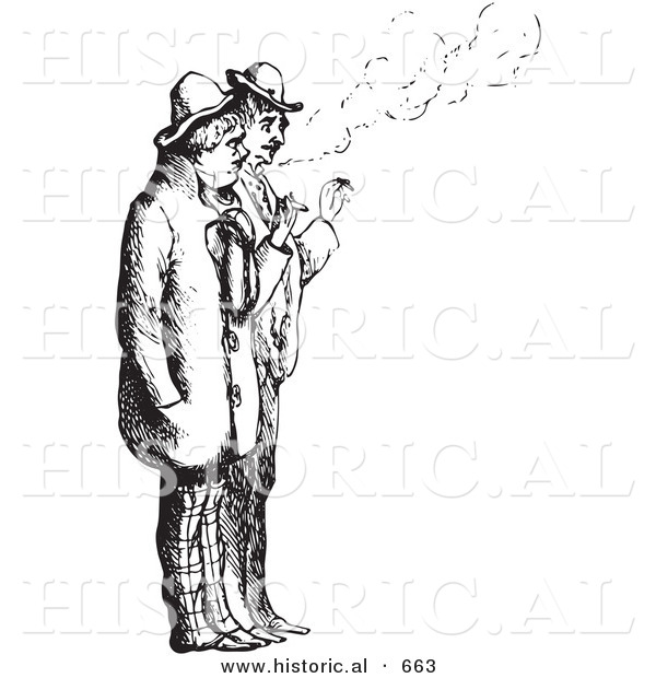 Historical Vector Illustration of a Couple Men Smoking Cigarettes - Black and White Version Couple Men Smoking Cigarettes