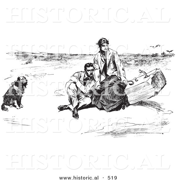 Historical Vector Illustration of a Couple with Dog on a Beach - Black and White Version