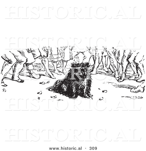 Historical Vector Illustration of a Crowd of People Around a Dog - Black and White Version