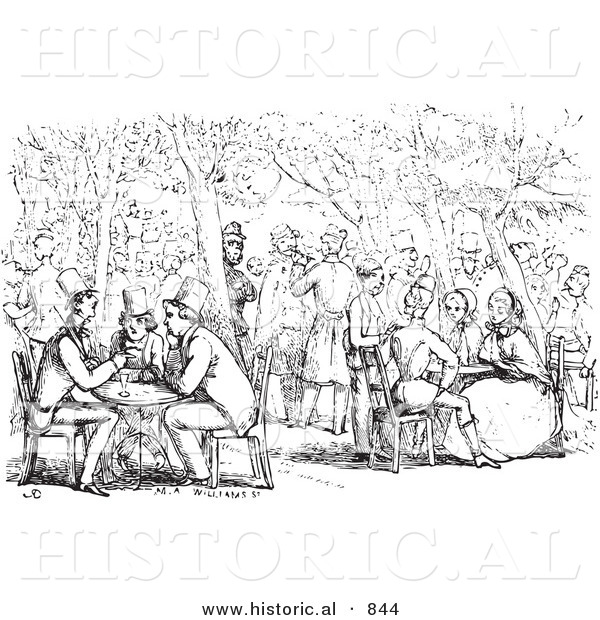 Historical Vector Illustration of a Crowd of People at a Garden Cafe - Black and White Version