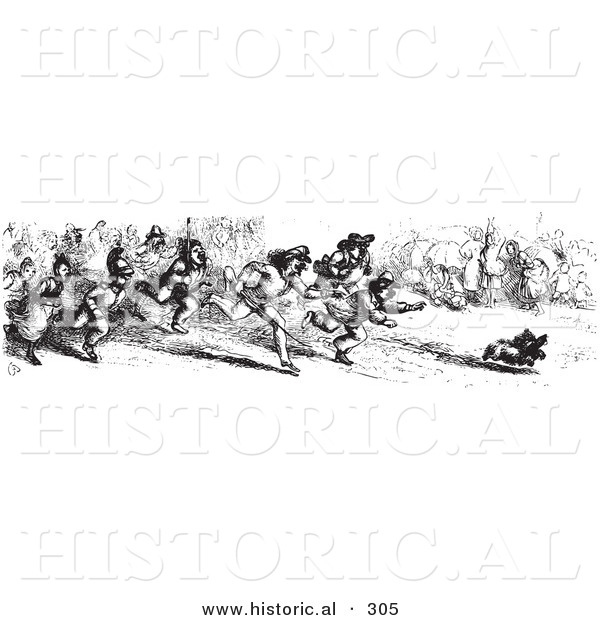 Historical Vector Illustration of a Crowd of People Chasing a Thieving Dog That Stole Sausage - Black and White Version