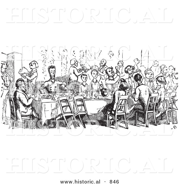 Historical Vector Illustration of a Crowd of People Dining at a Table - Black and White Version