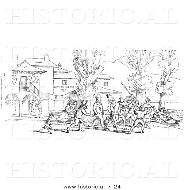 Historical Vector Illustration of a Crowd of People on Shore - Black and White Version