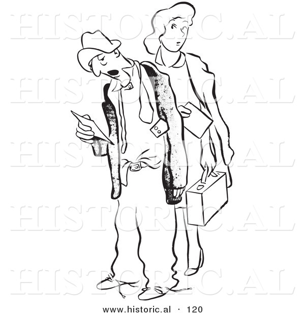 Historical Vector Illustration of a Curious Cartoon Woman Standing Behind a Tired Worker Man Looking at His Time Sheet - Black and White Outlined Version