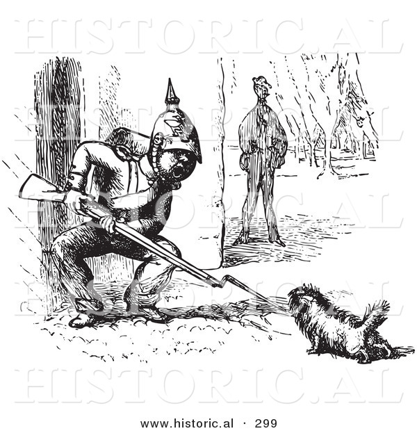 Historical Vector Illustration of a Dog Challenging a Soldier with a Rifle - Black and White Version