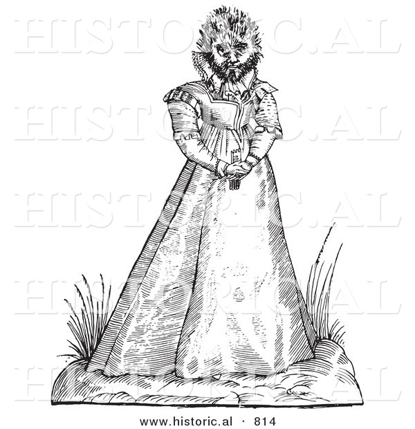 Historical Vector Illustration of a Fantasy Hairy Woman Maphoon Creature - Black and White Version