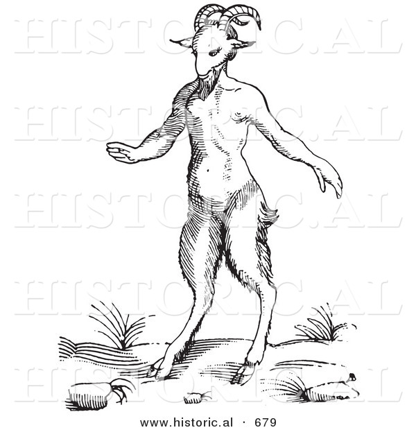 Historical Vector Illustration of a Fantasy Satyr or Pan Creature - Black and White Version