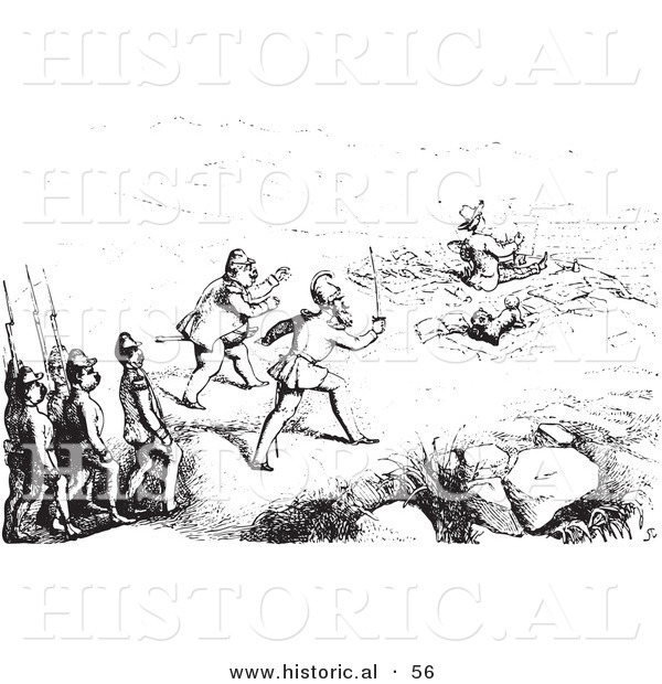Historical Vector Illustration of a Group of Guards Approaching an Artist from Behind - Black and White Version