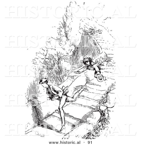 Historical Vector Illustration of a Guard Dog Chasing Men Running Fast - Black and White Version