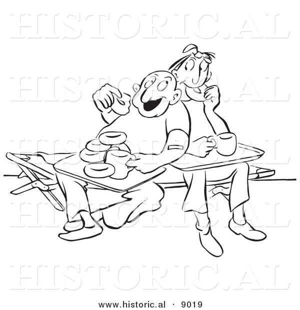 Historical Vector Illustration of a Happy Cartoon Couple Eating Donuts and Coffee - Black and White Outlined Version