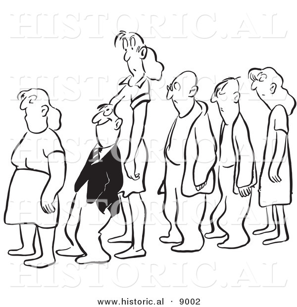 Historical Vector Illustration of a Happy Cartoon Employee Invading a Woman's Space While Standing in Line - Black and White Outlined Version