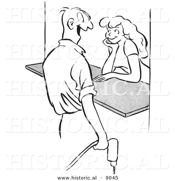 Historical Vector Illustration of a Happy Cartoon Male Worker Flirting with an Attractive Girl Behind a Counter - Black and White Outlined Version