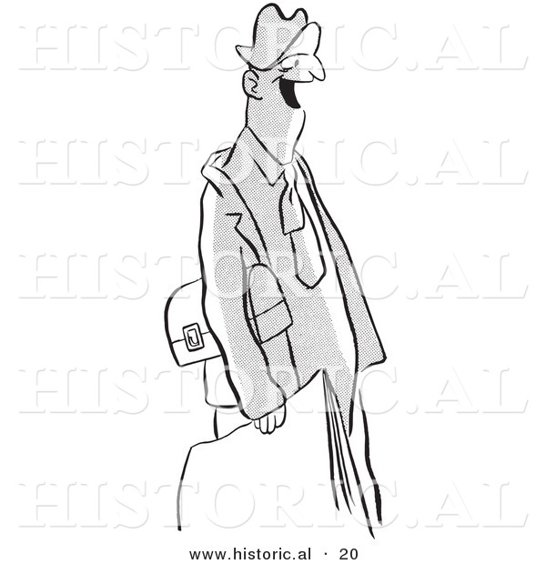 Historical Vector Illustration of a Happy Cartoon Man with a Lunch Box and Paperwork - Black and White Version