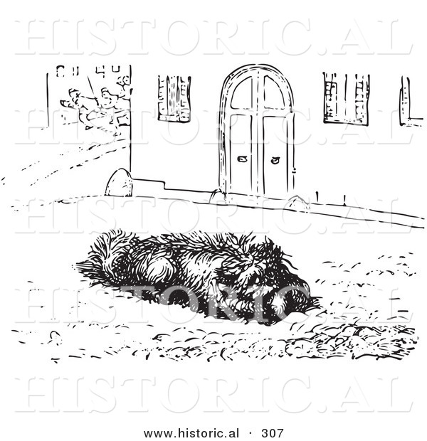 Historical Vector Illustration of a Happy Dog Eating Sausage - Black and White Version