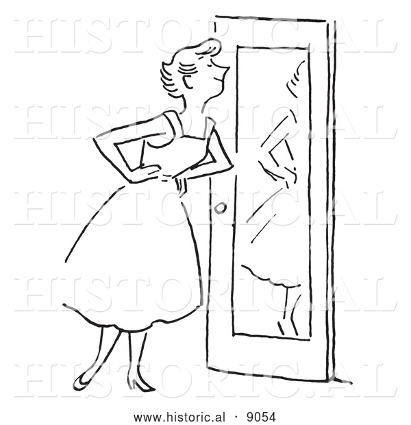 Historical Vector Illustration of a Happy Girl Smiling at Herself in Front of a Mirror - Black and White