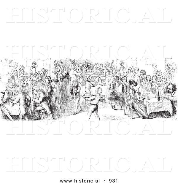 Historical Vector Illustration of a Hotel Diner Filled with Hungry Customers - Black and White Version