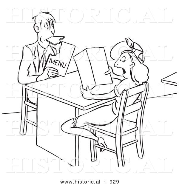 Historical Vector Illustration of a Hungry Cartoon Man Eating the Menu While His Shocked Lady Friend Watches - Black and White Version