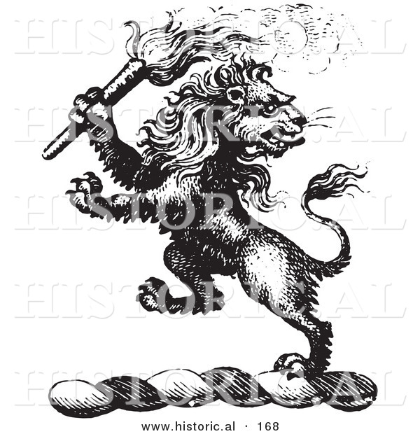 Historical Vector Illustration of a Lion Crest Featuring a Torch - Black and White Version