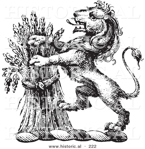 Historical Vector Illustration of a Lion Crest Featuring Wheat - Black and White Version