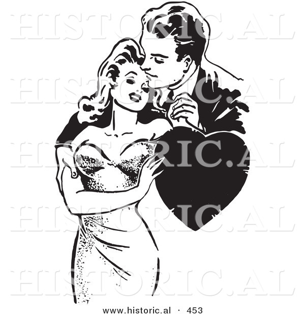 Historical Vector Illustration of a Loving Retro Couple Embracing with a Love Heart - Black and White Version