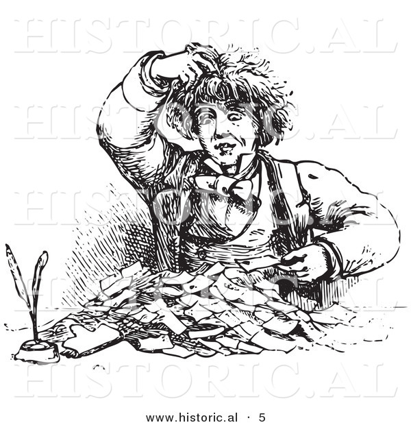 Historical Vector Illustration of a Man Going Through Lots of Receipts - Black and White Version