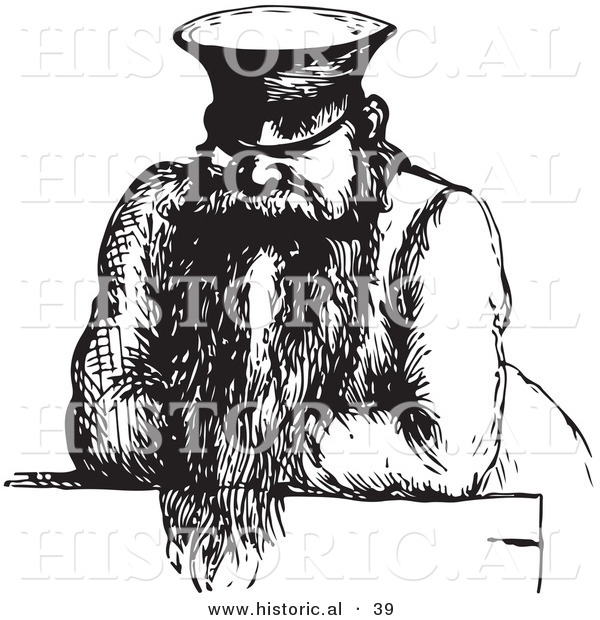 Historical Vector Illustration of a Man Leaning on a Counter with a Big Beard - Black and White Version