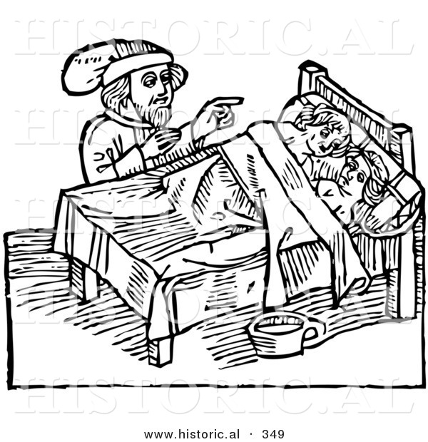 Historical Vector Illustration of a Man Supervising a Defloration Rite of Children - Black and White Version
