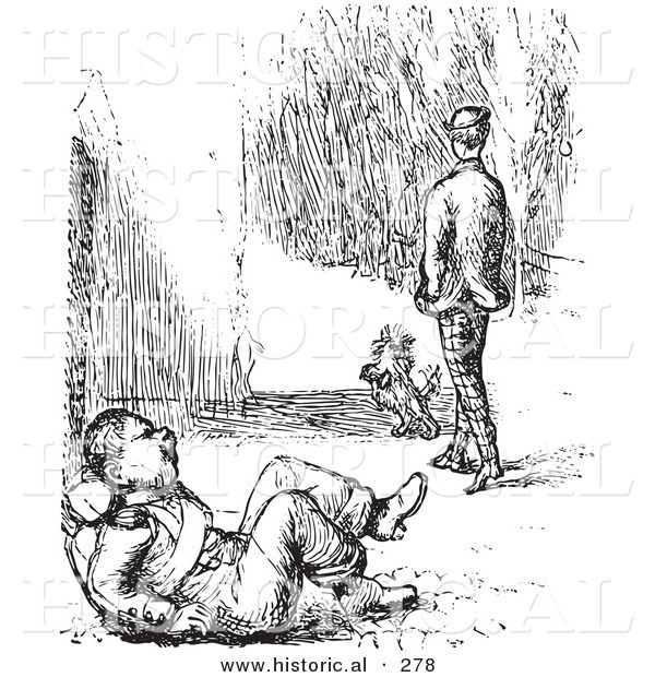 Historical Vector Illustration of a Man Walking Away After Beating a Guard up - Black and White Version