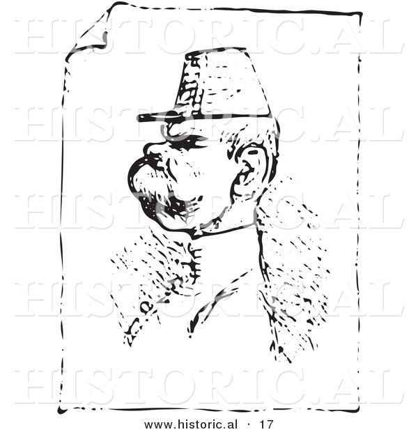 Historical Vector Illustration of a Man Wearing Hat with Big Mustache - Black and White Version