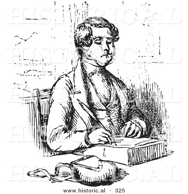 Historical Vector Illustration of a Man Writing a Letter with a Feather and Ink - Black and White Version