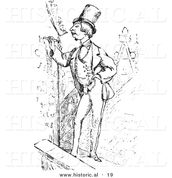Historical Vector Illustration of a Man Writing Name on a Roof - Black and White Version