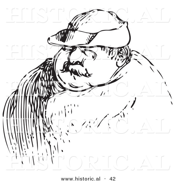 Historical Vector Illustration of a Obese Man Wearing a Hat - Black and White Version