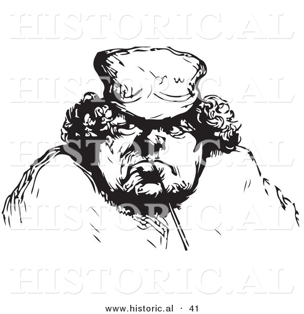 Historical Vector Illustration of a Obese Man with Long Curly Hair - Black and White Version