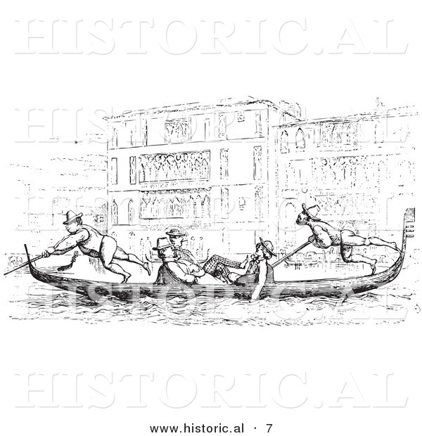 Historical Vector Illustration of a People Riding in a Gondola on the Grand Canal - Black and White Version
