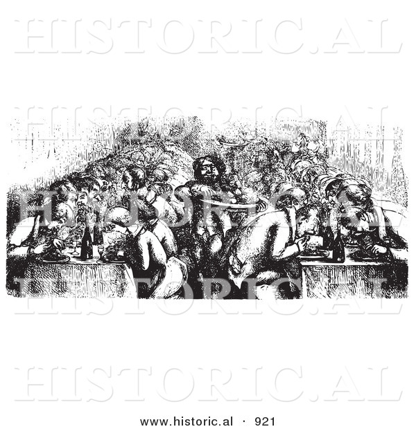 Historical Vector Illustration of a Restaurant Full of People Dining on the Rhine Boat - Black and White Version