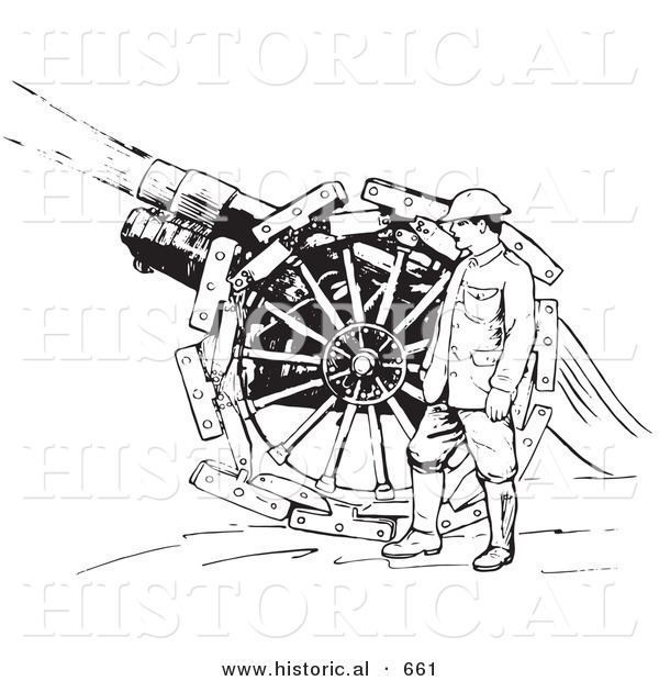 Historical Vector Illustration of a Retro Navy Soldier Shooting a Siege Gun - Black and White Version Retro Navy Soldier Shooting a Siege Gun
