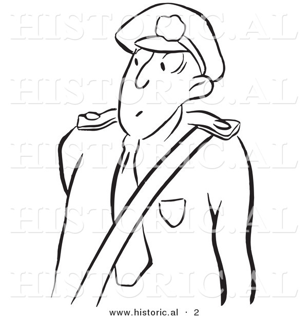 Historical Vector Illustration of a Retro Security Guard Curiously Looking over - Black and White Outlined Version