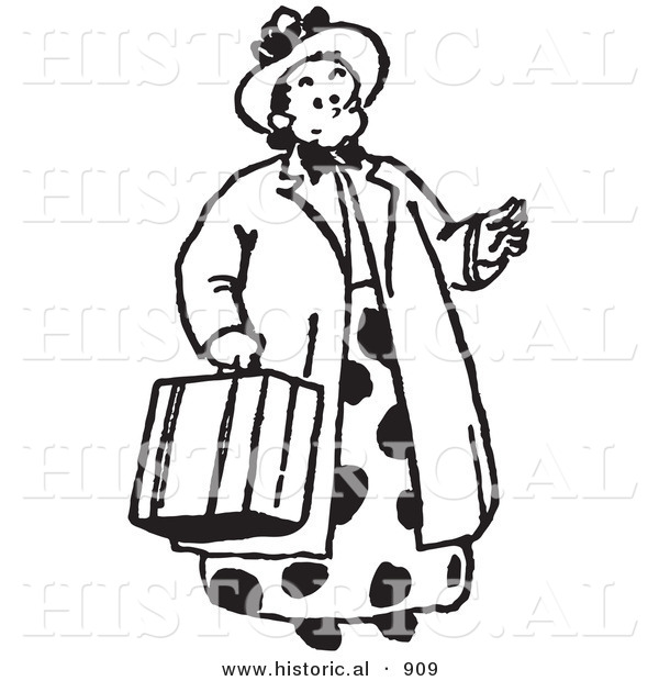 Historical Vector Illustration of a Retro Woman Carrying a Suitcase - Outlined Version