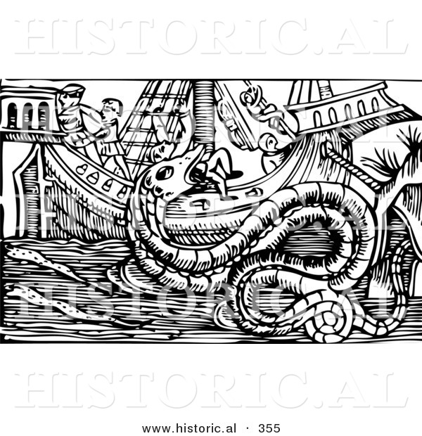 Historical Vector Illustration of a Sea Serpent Creature Attacking a Ship - Black and White Version