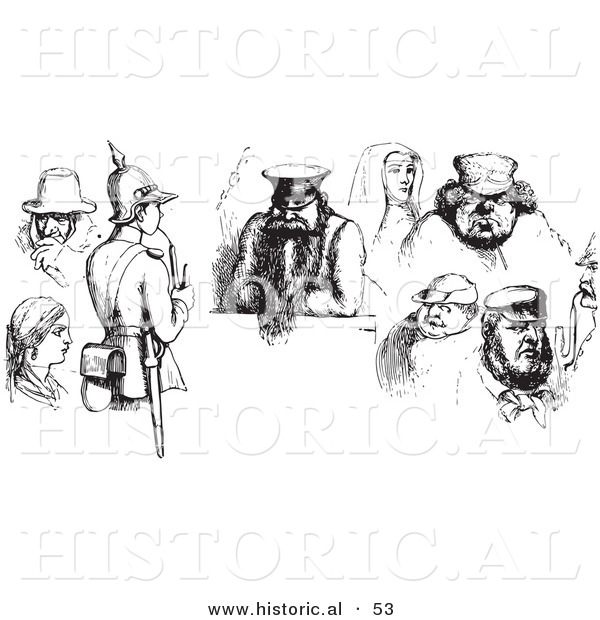 Historical Vector Illustration of a Series of 7 People - Black and White Version