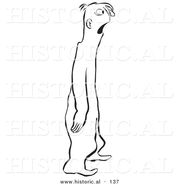 Historical Vector Illustration of a Shocked Cartoon Guy Standing and Staring - Black and White Outlined Version