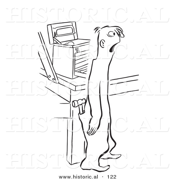 Historical Vector Illustration of a Shocked Cartoon Male Worker by a Tool Box - Black and White Outlined Version