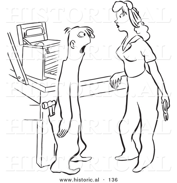 Historical Vector Illustration of a Shocked Cartoon Male Worker Looking at an Attractive Woman Holding Tools - Black and White Outlined Version