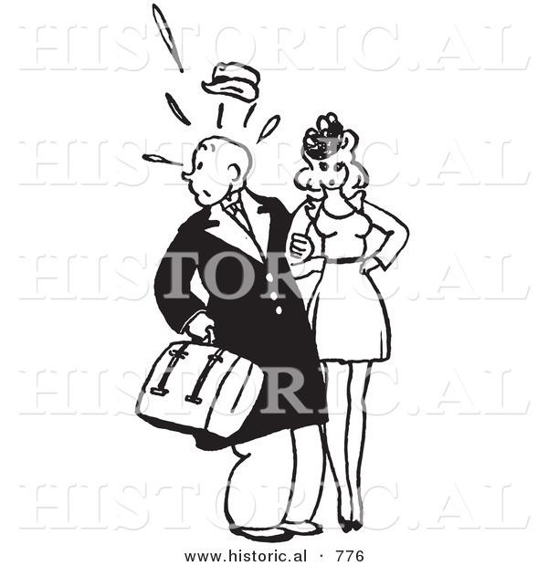 Historical Vector Illustration of a Shocked Retro Man Looking Back While Spending Time with His Girlfriend - Outlined Version