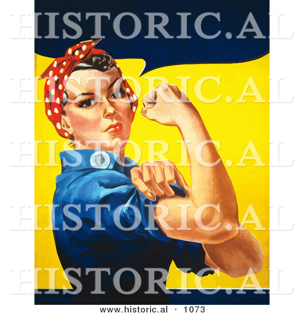 Historical Vector Illustration of a Strong Female Riveter Wearing a Bandana While Flexing Her Bicep