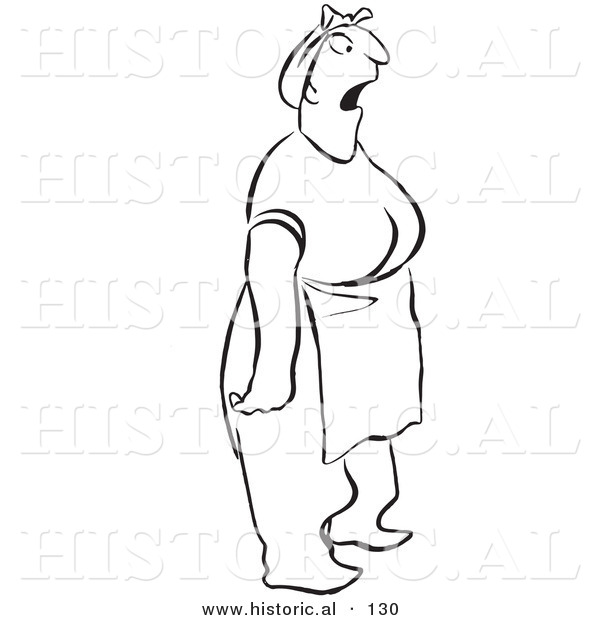 Historical Vector Illustration of a Surprised Cartoon Woman Wearing an Apron While Standing and Staring - Black and White Outlined Version