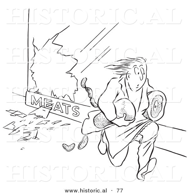 Historical Vector Illustration of a Thief Running from a Market with Stolen Meat - Black and White Version