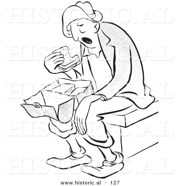 Historical Vector Illustration of a Tired Male Cartoon Worker Eating a Sandwich for Lunch - Black and White Outlined Version